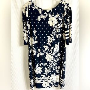Eliza J, gorgeous navy with white floral print, 3/4 sleeves, lined.